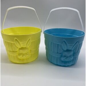 2 Vintage General Foam Blow Mold Blue Yellow Easter Bucket Bunny Rabbit USA Made